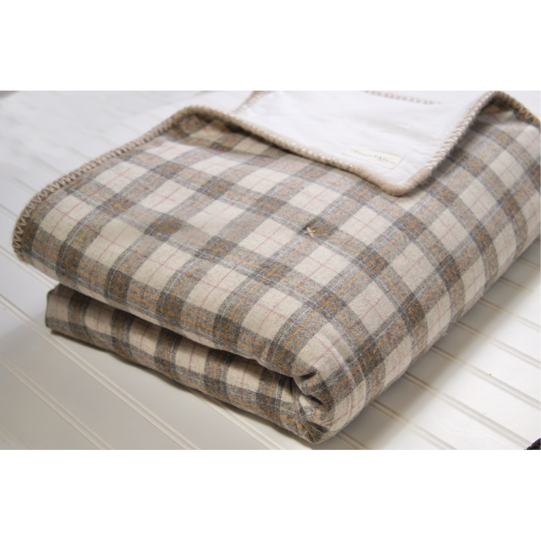 Handmade checked pattern wool & white sateen blanket with hand-embroidered edging